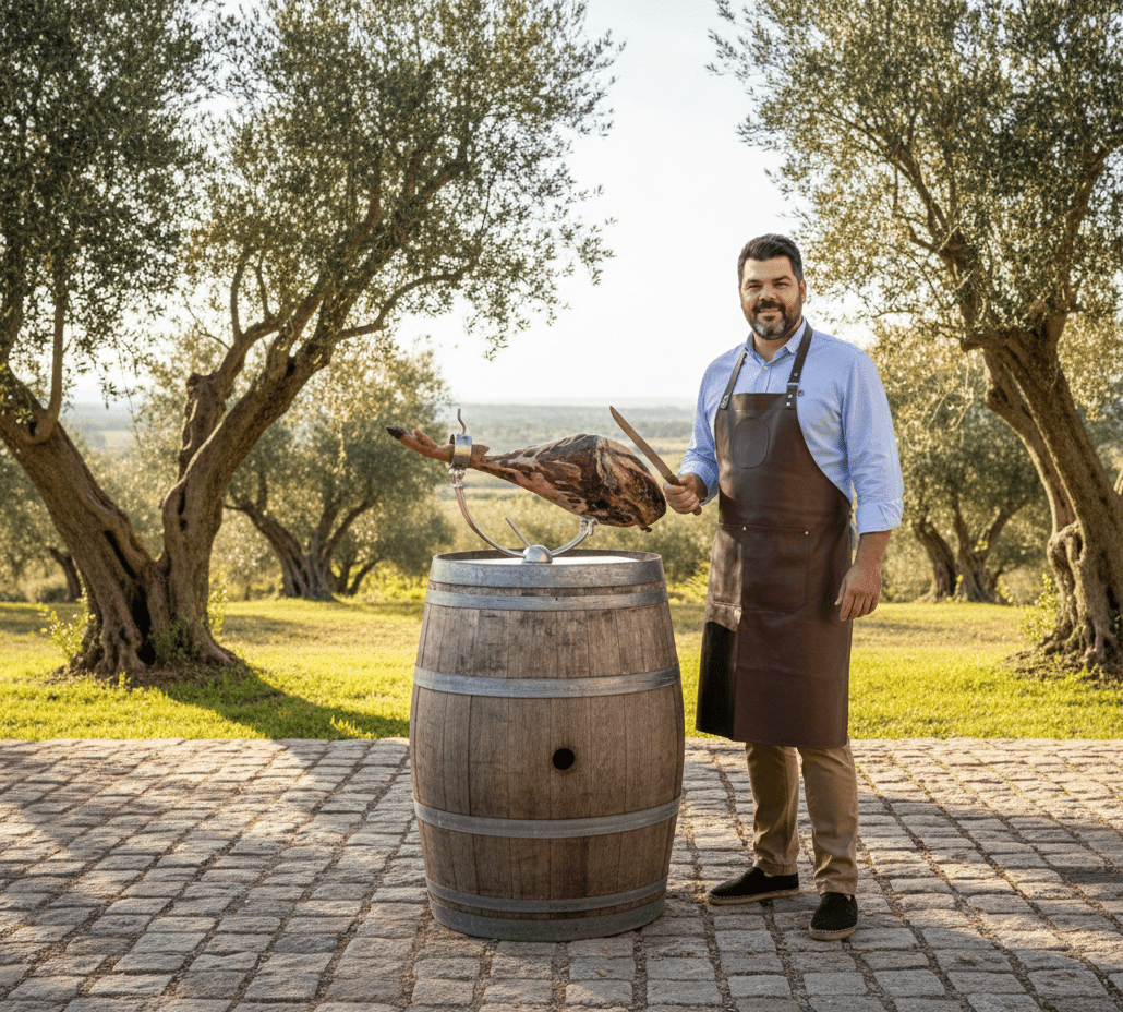 David González presentando jamón ibérico en barril